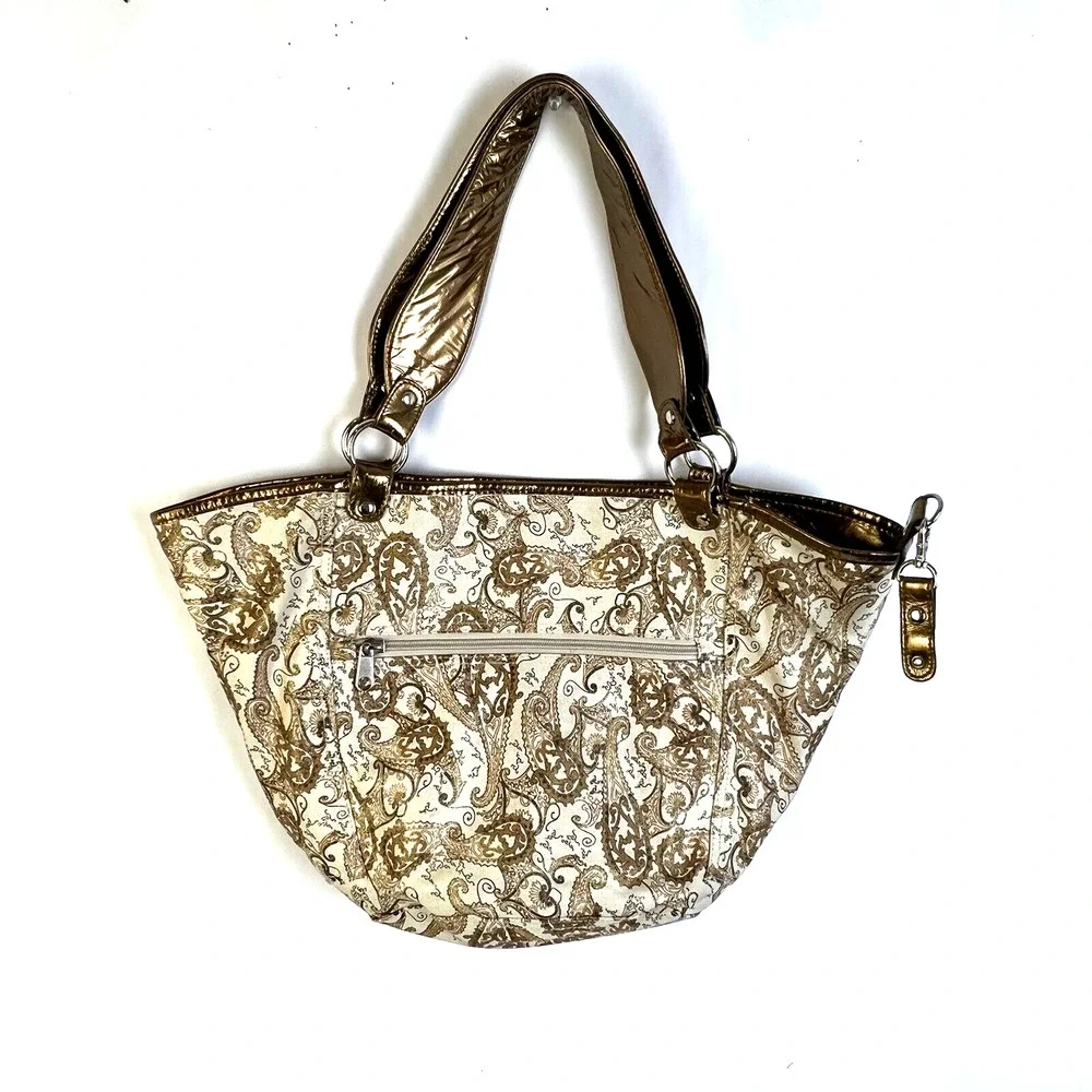 Metallic Trimmed Handbag Copper Gold Cream Paisley Tote Pocketbook Bag